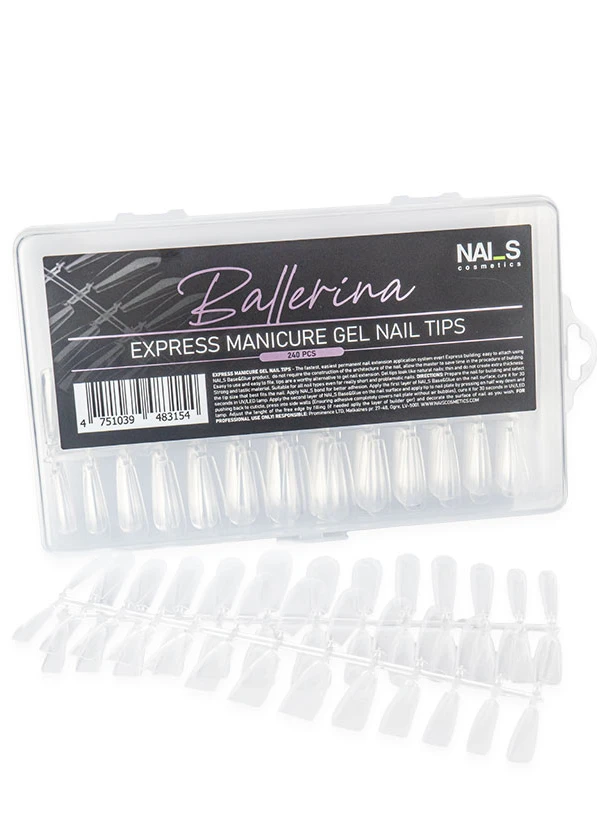 Express Gel Nail Tips – 240 pcs.Gel nail extensions have never been this easy!Benefits of Gel Nail Tips:• Express nail extensions in just seconds – the tips adhere quickly and easily to the natural nail using NAILS Cosmetics Base&amp;Glue.• Significantly reduces the nail technician's working time and simplifies the application process.• Easy and comfortable to file.• Creates a flawless, natural-looking manicure.• Durable and flexible tip material.• Suitable for both natural nails and very short ...